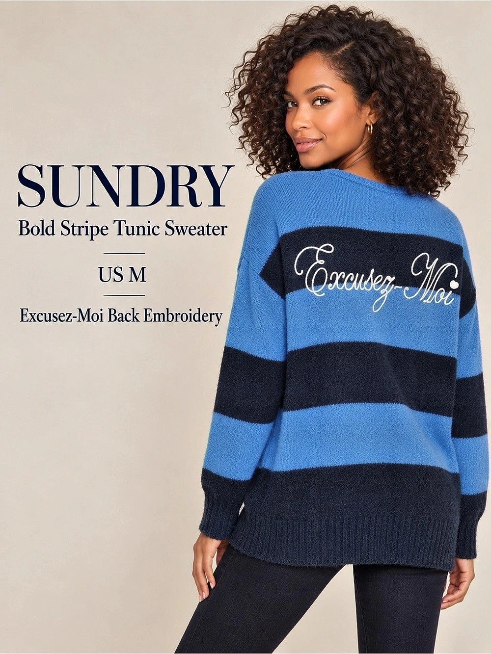 SUNDRY Bold Stripe Excusez-Moi Tunic Sweater Blue Size M Wool Alpaca
